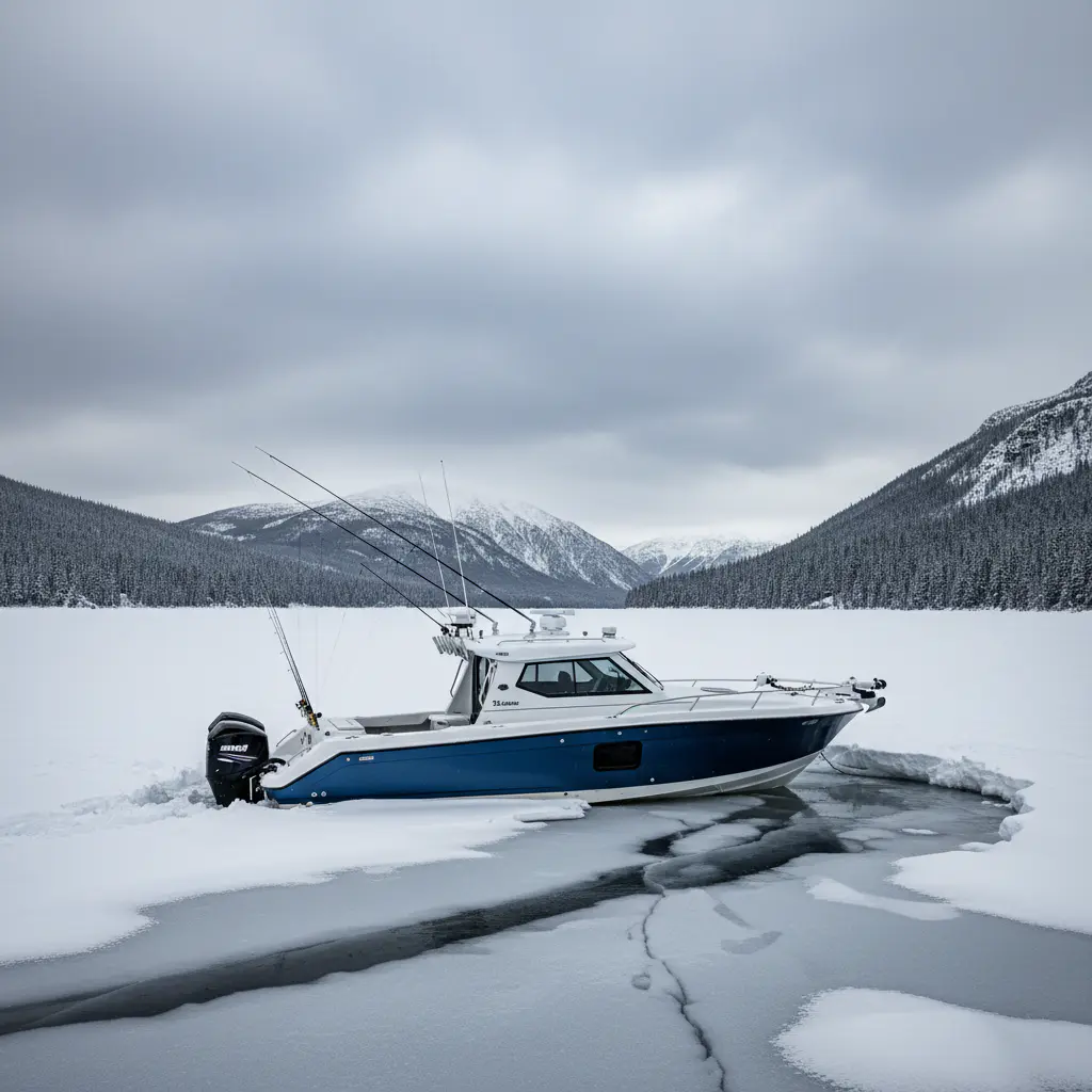 Sport fishing boat resting on a frozen lake