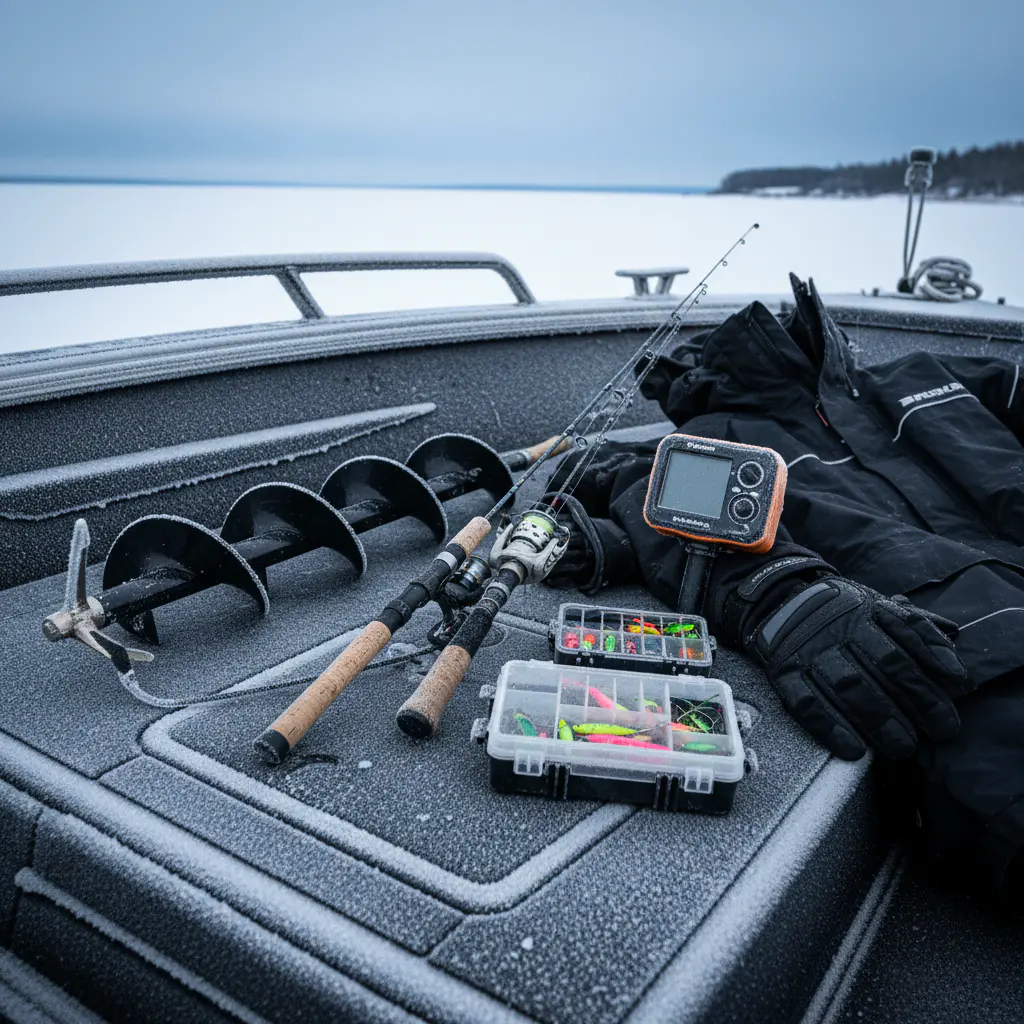 Ice fishing gear on frosty deck