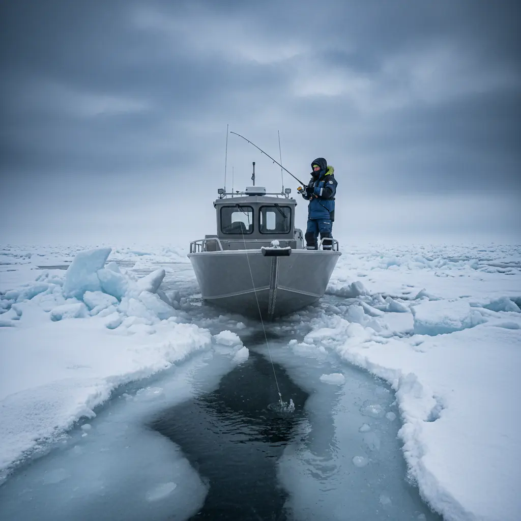 Angler in heavy winter gear